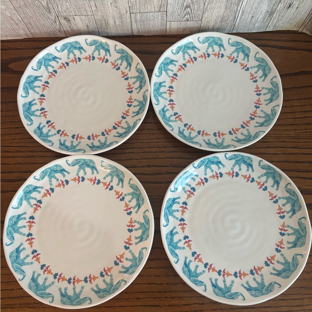 Chico's Teal and Coral Elephant Dinner Plates melamine set 4
